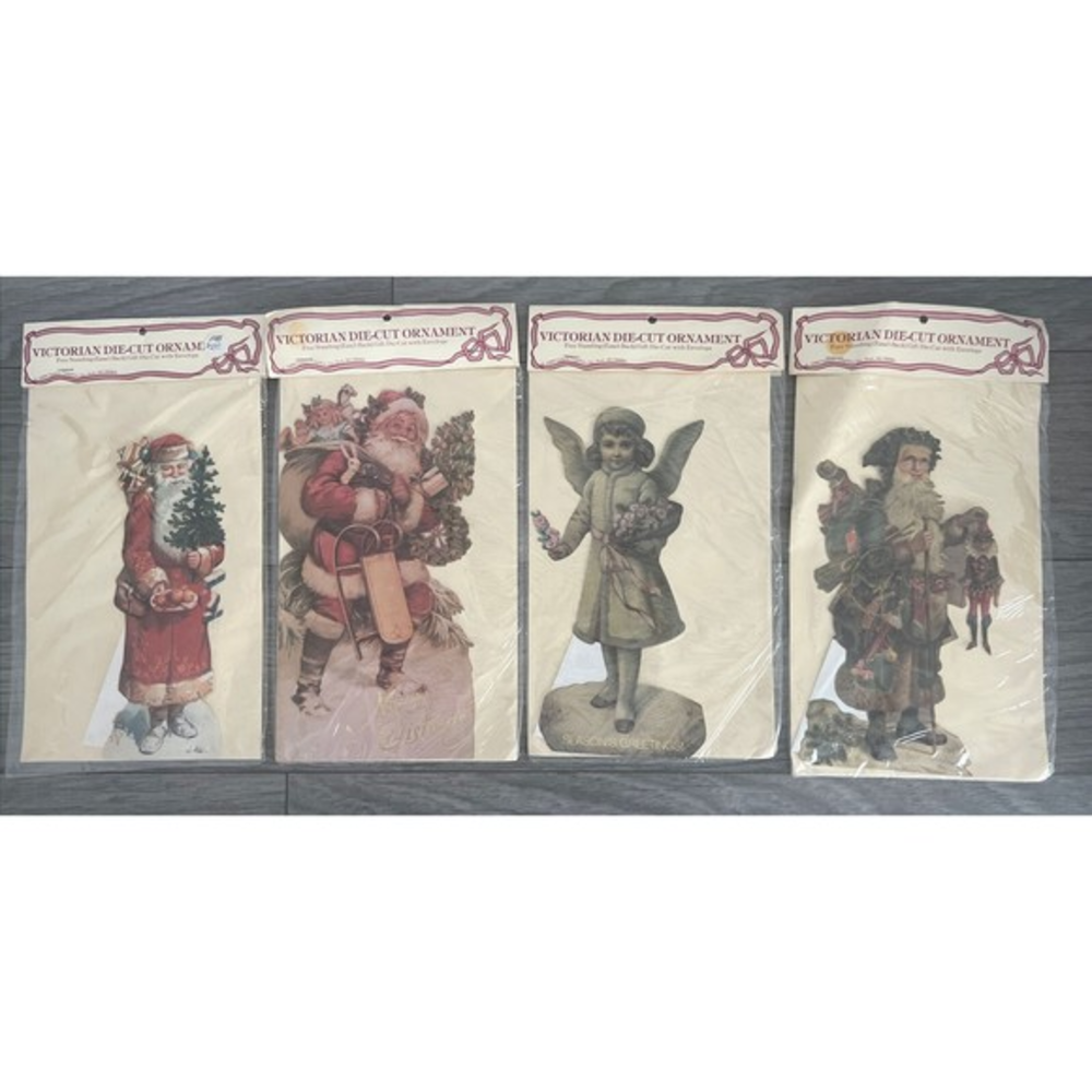 4 Vintage NOS Victorian Die Cut Ornament Easel Back Christmas Santa Angel‎